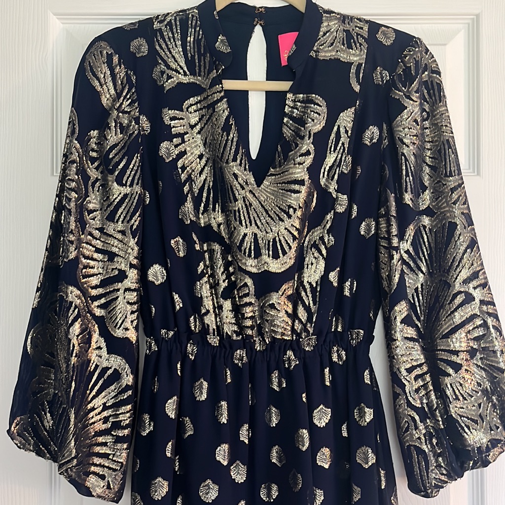 Lilly Pulitzer Navy Blue And Gold Metallic Dress 0